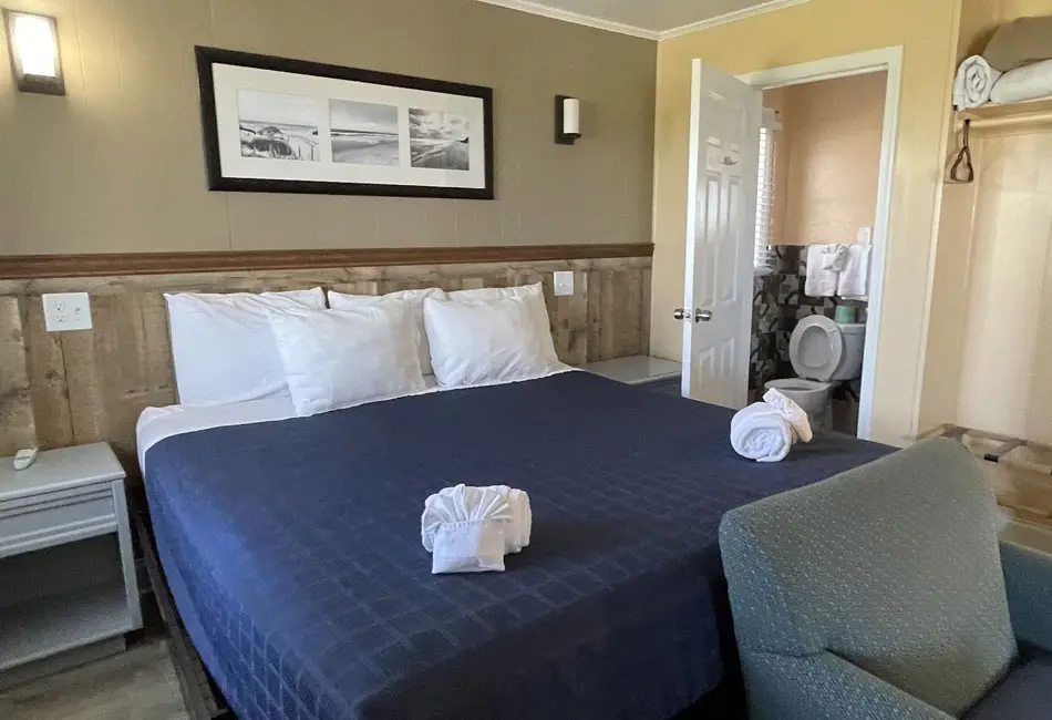 Bedroom with a king bed and armchair in a two-bedroom apartment at Colonial Inn