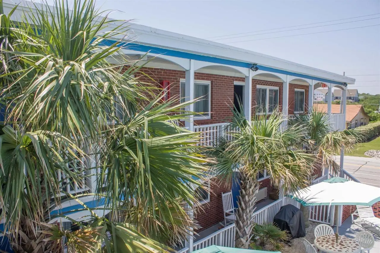 The motel behind palms and the pool deck, with its white porch and blue trim