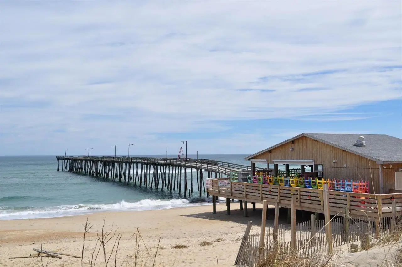 Nags Head Fishing Pier reaching out over the water, seen from the beach beside the motel