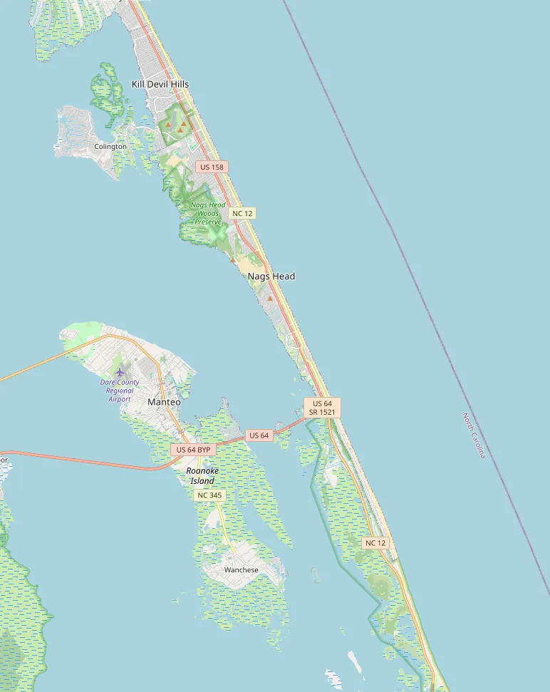 Map of the hotel and selected nearby places: Colonial Inn Motel; Wright Brothers National Memorial, Jockey’s Ridge State Park, Jennette’s Pier, Bodie Island Lighthouse