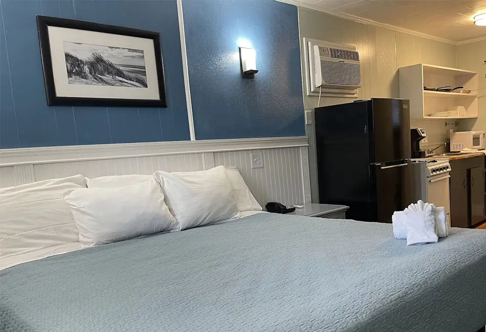 King bed beside a kitchenette with a cooker and refrigerator at Colonial Inn