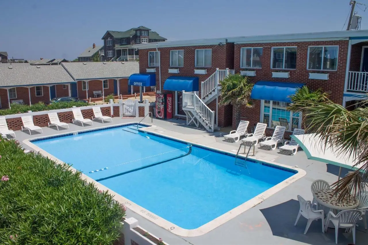 The pool deck with white loungers and tables, and palms along the rail