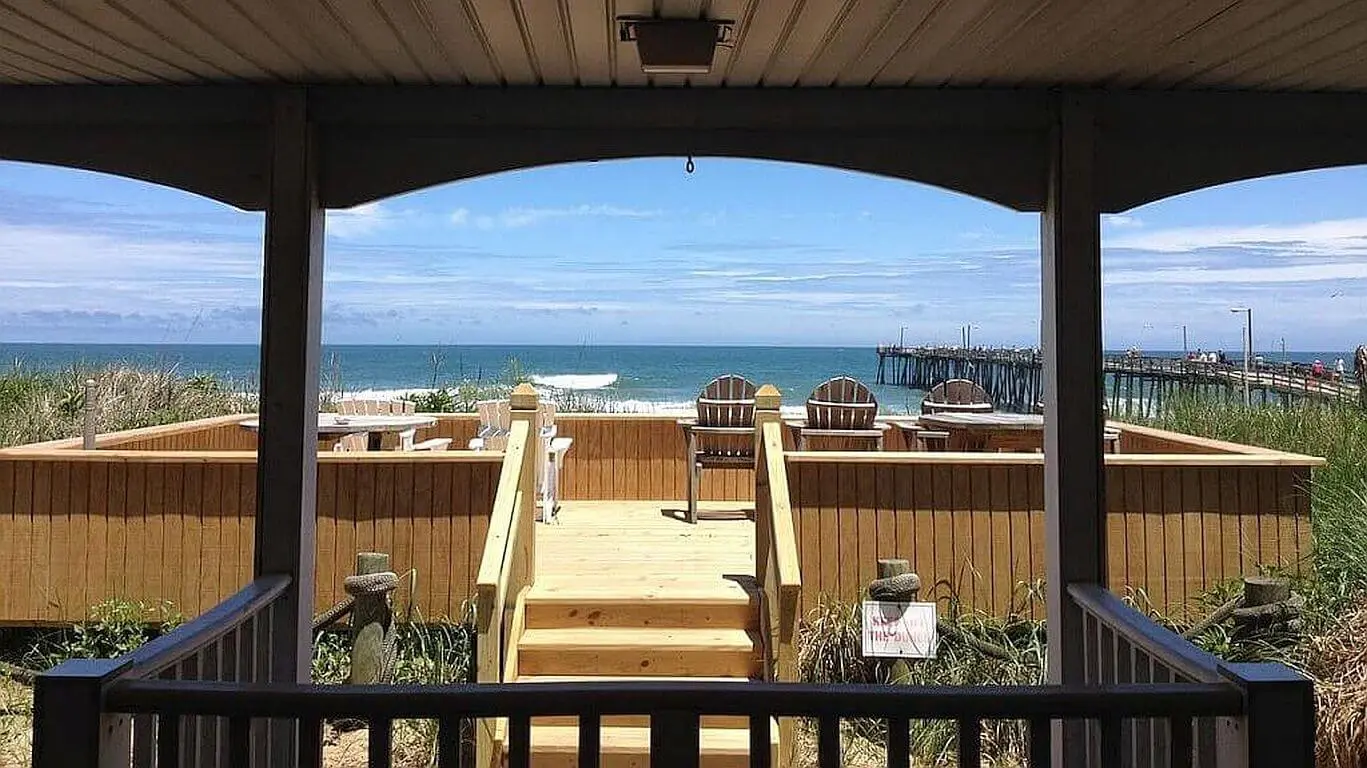 The view from the motel\u2019s covered sun deck, out over the dune to the beach, the Atlantic and Nags Head Fishing Pier